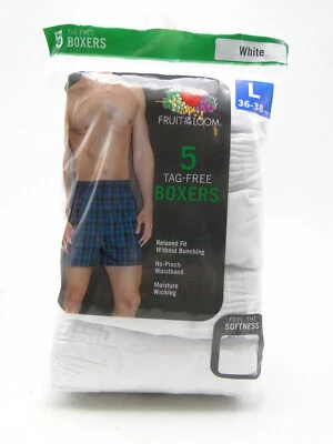 5pr Men's Fruit of the Loom Relaxed Fit White Tagless Boxer Shorts sizes S-XL - Image 1 of 2