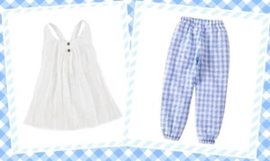 NWT GIRLS SIZE 4 WHITE CROCHET TRIM TUNIC & LIGHT BLUE CHECKED SEERSUCKER PANTS - Picture 1 of 10