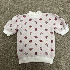Janie And Jack Sweater Top Girl's 16 Jet Ivory Floral Argyle Mock Neck Pullover - Picture 1 of 7