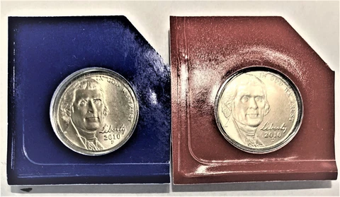 2010 P+D Jefferson Nickel. Strike Type Satin. Original Mint Wrapper. 2coins set Cover