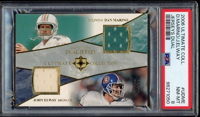 Dan Marino & John Elway 2006 Upper Deck Ultimate Dual Jersey Card /99 PSA 8 - Image 1 of 2