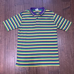 Karneval dünne Streifen lila grün & gold kurzärmliges Poloshirt M Medium gebraucht, in einwandfreiem Zustand - Bild 1 von 8