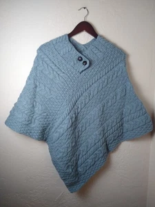 Aran Crafts 100% Merino Wool Shawl Poncho Sweater Cable Knit Blue Women's  - Picture 1 of 6