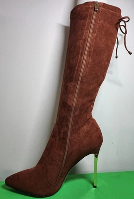 New Brown Suede Over Knee Stiletto Boots Metallic Heel Side Zip Tie Back Size 46 - Image 1 of 4