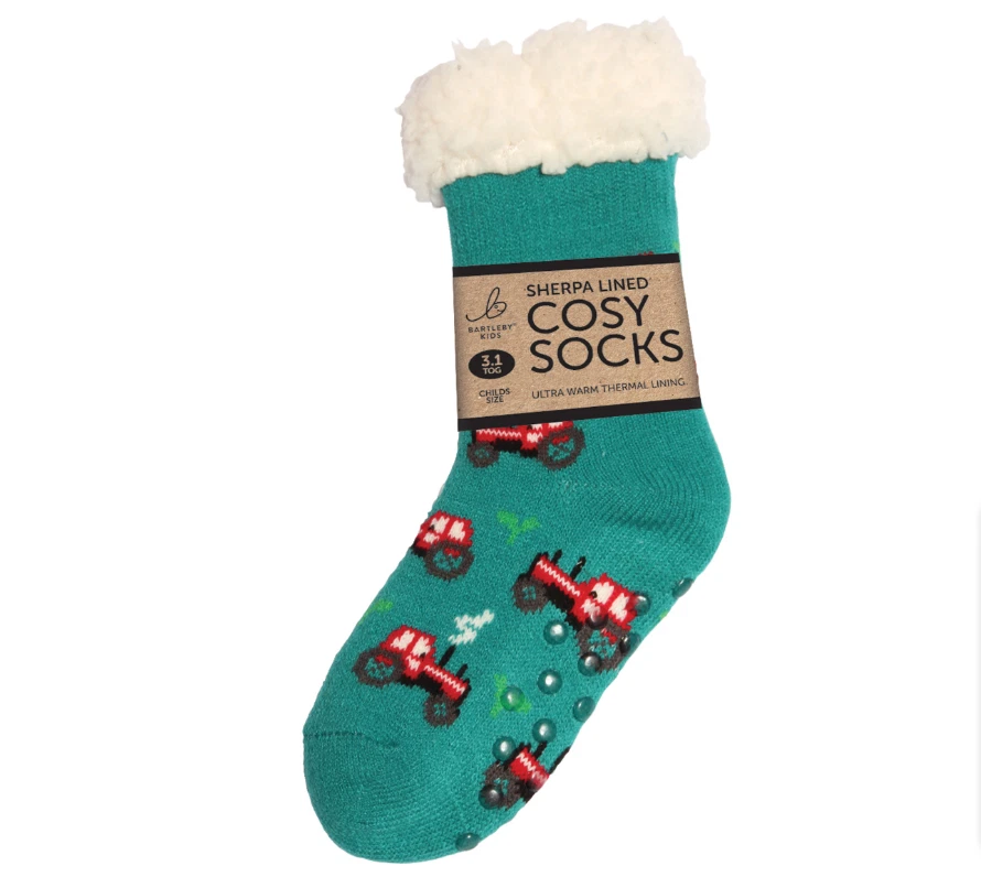 BARTLEBY Kids Sherpa Lined Slipper Socks - Tractor Design