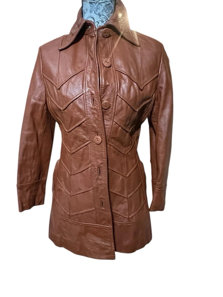 De Colección Años 70 Montgomery Ward Camisa Chaqueta The Tanner Mujer Talla 9/10 Cuero Marrón Foto 1 de 4
