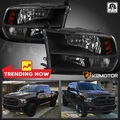 Fits 2009-2018 Dodge Ram 1500 2500 3500 Quad Headlights Lamps Black Left+Right Foto 1 de 4