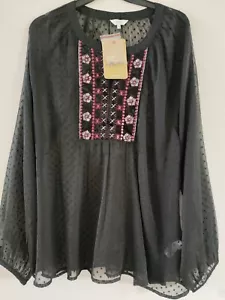 Cotton Traders Size 16 Black Sheer Peasant Long Sleeve Boho Hippy Embroidered  - Picture 1 of 10
