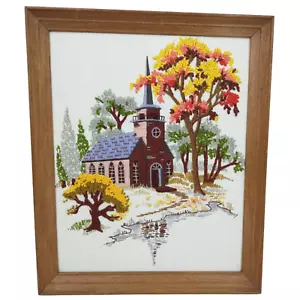 Vintage Completed Crewel Embroidery Picture Church Tree Creative Circle Fall 70s - Picture 1 of 7