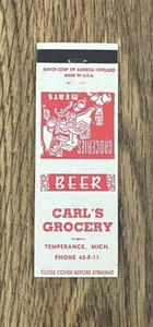 Cubierta de libro de cerillas vintage Carls Grocery Temperance Michigan - Imagen 1 de 3