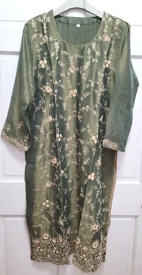 Women's 3pc Kurta Dupatta Set - Silk - Embroidered w/ Sequins - Olive Green - L - Image 1 of 4