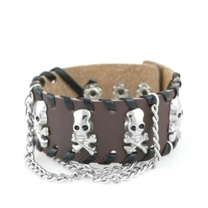 skull bracelet skeleton crossbone punk link chain leather bracelet - Picture 1 of 1