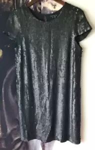 Theory Black Crew Neck Cap Sleeve Maryanka Matte Sequin Shift Dress Size 8 - Picture 1 of 8