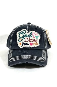New God Bless You Embroidered Distressed Vintage Style Baseball Cap Black Hat - Picture 1 of 2