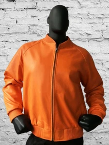 Men's Orange Lambskin Leather Bomber Jacket 100% Real Leather Coat Jacket - Picture 1 of 7