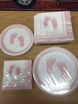 Celebrations Plaid Baby Girl Shower plates Napkins pink baby feet 16 Packages - Image 1 of 4