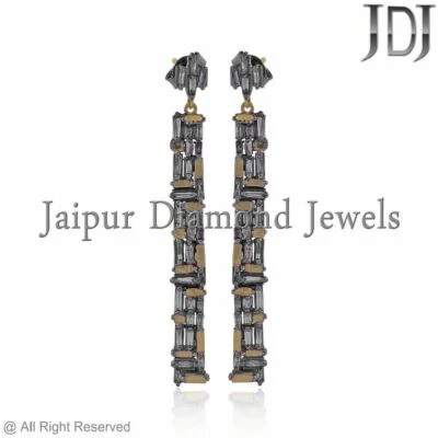 Natural Baguette Diamond 925 Silver Handmade Earrings Dangle 14k Gold Jewelry - Image 1 of 4