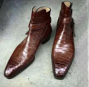Classic Men's Brown Alligator Print Leather Ankle Jodhpurs Boot with Buckle - Picture 1 of 5