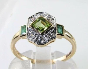 LUSH 9K 9CT GOLD PERDOT EMERALD DIAMOND ART DECO INS GEOMETRIC RING FREE RESIZE - Picture 1 of 8