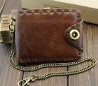 Ｖintage Biker Leather Bifold Snap Wallet With Safe Chain for Mens or Boys