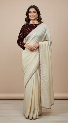 Blusa cosida de terciopelo granate con sari de tejido dorado lista para usar | Talla libre Foto 1 de 4