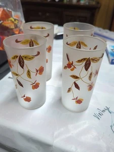 Set of 4 Vintage Hall Jewel Tea Autumn Leaf Frosted Glass Tumblers 5 1/2" Tall - Picture 1 of 3