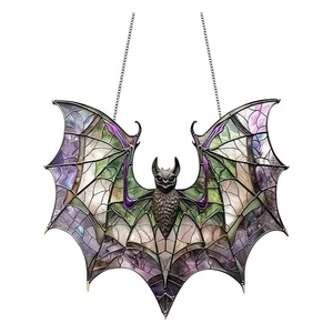 Bat Ornament Stained Glass-Gothic Hanging with Colorful Glass Wings Halloween - Picture 1 of 6