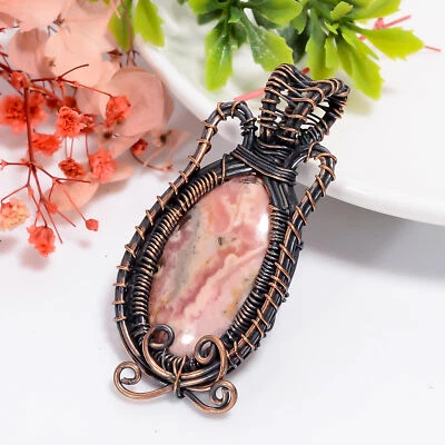 Joyería de piedras preciosas de rodocrosita regalo de cobre para hermana colgante envuelto en alambre 2,1" Foto 1 de 4