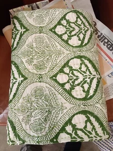 Indian Handmade Kantha Quilt Green White Block Print King Size Bedspread Blanket - Picture 1 of 16