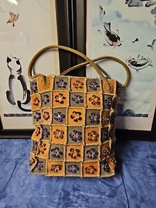 Vtg orange/brown/purple  Suede leather Whipstich Floral Checker Board Tote bag