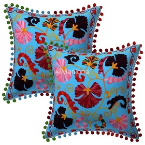 Indian Handmade Suzani Colourful Embroidered Boho Cushion Cover 2 pcs set - Picture 1 of 5
