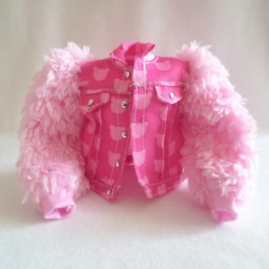 NEW! 2021 Barbie Extra Doll Pink Bear Design Fur Sleeve Denim Jacket ~ Clothing - Picture 1 of 5