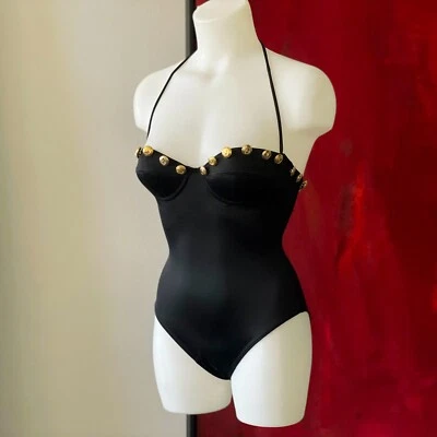 vintage MOSCHINO 1990s black Swimsuit w/ gold-tone buttons size 42 / USA 10 - Image 1 of 4
