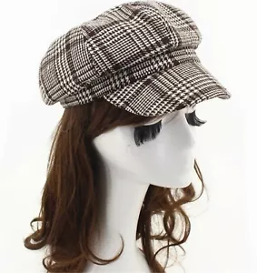 Women Retro warm Brown Check Conductor French octagonal Hat Cap Beret Beanie - Picture 1 of 12