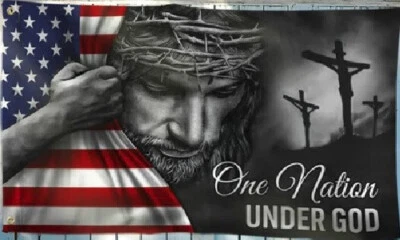3X5 FT ONE NATION UNDER GOD PATRIOTIC USA JESUS CHRIST HUGE FLAG BANNER - Image 1 of 3