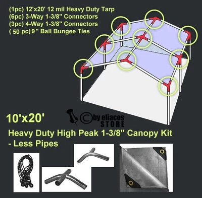 10'x20' H. Duty 1-3/8'' High Peak Carport Canopy Kit Silver *POLES NOT INCLUDED