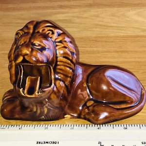 Vintage Ceramic Open Mouth Lion Ashtray Brown Glazed Figurine Retro Mid Cen 1960 - Picture 1 of 12