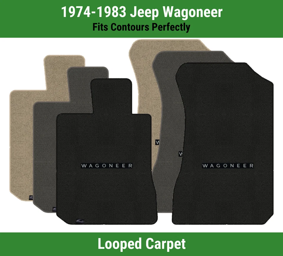 Alfombrillas delanteras Lloyd Loop para Wagoneer '74-83 con Wagoneer plateado sobre negro Foto 1 de 4