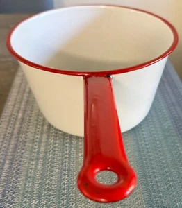 VTG 1940's White & Red Trim Enamelware Sauce Pot Farmhouse 8 3/4" with handle - Picture 1 of 7
