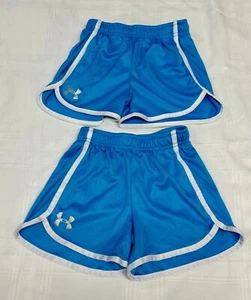 2 Pair Under Armour Active Shorts Girl Youth Blue Stretch; Youth Large w/Stripes - Picture 1 of 3