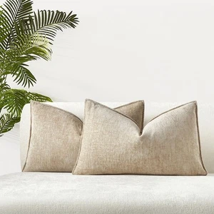 JUSPURBET Beige Chenille Lumbar Pillow Covers 12x20 Set of 2 - Picture 1 of 6