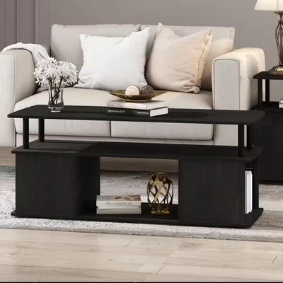 Furinno Coffee Table Black Wood Built-In Storage Space Rectangle Shape 4-Shelves - Image 1 of 4