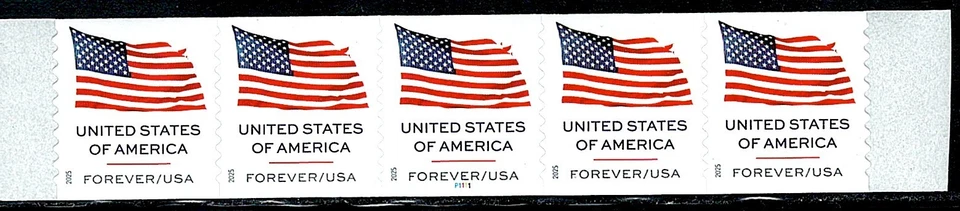 Mint US Strip of 5 Coil Flag Stamp with Pate# P1111,Scott# 6017 (MNH) - Image 1 of 1