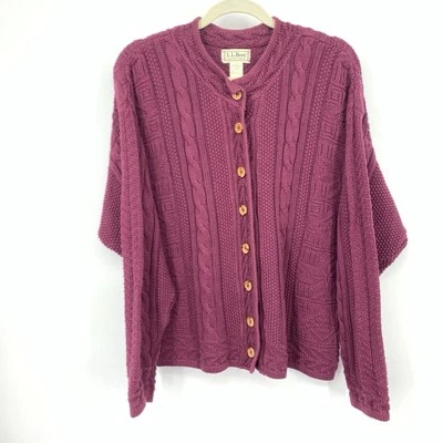 LL Bean Women Size Large Sweater Vintage 90s Cardigan Fisherman Knit Purple - Image 1 of 4