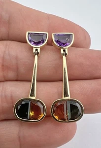 Designer Modernist 14k Yellow Gold Multi Gemstone Dangle Post Stud Earrings 7.2g - Picture 1 of 8