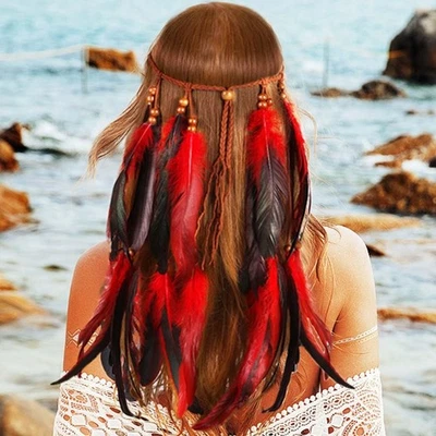 Boho Feather Headband Hippie Headpiece Gypsy Indian Costume Headdress Hair Ac... - Image 1 of 4