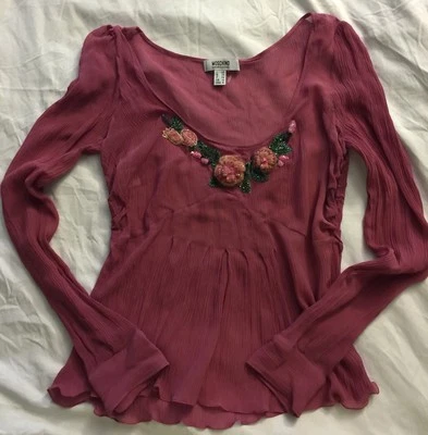 NWOT Auth Moschino Chip & Chik Pink 100% Silk Handmade Beaded Embroidered Top 8 - Image 1 of 4