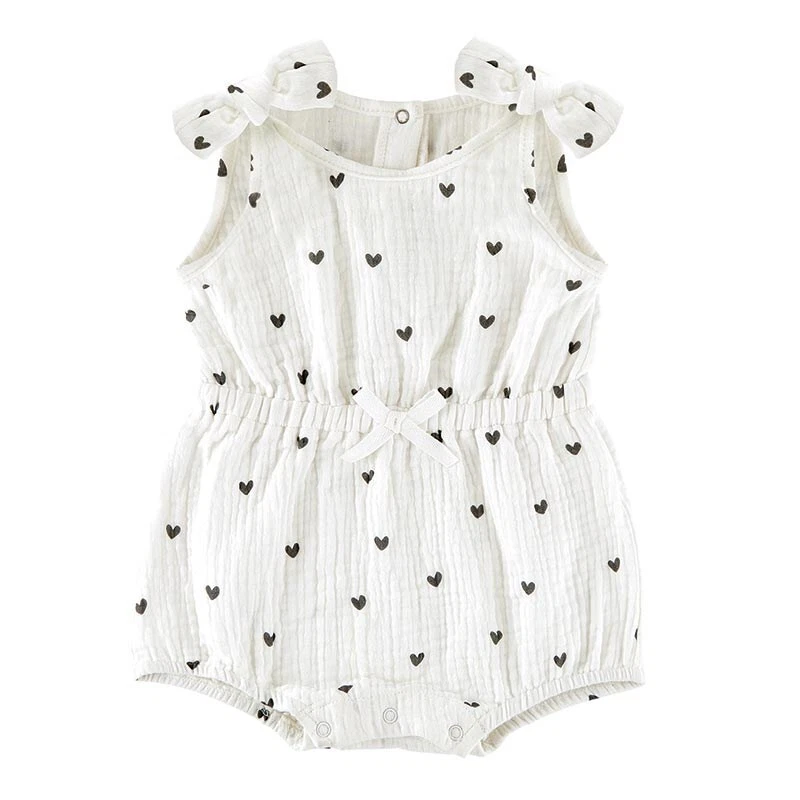 MUSLIN CINCH WAIST ROMPER-WHITE W/GREY HEARTS (6-1 - Image 1 of 1