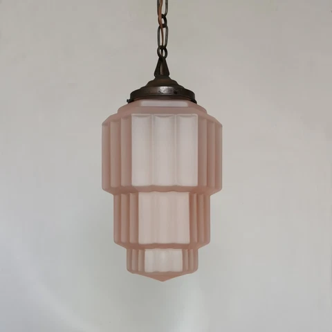 ANTIQUE 1930 FRENCH ART DECO PINK FROSTED GLASS SKYSCRAPER GLOBE CEILING LIGHT Cover