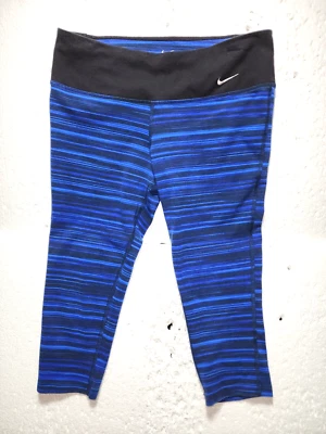 Nike Leggings Womens Medium Black Blue Striped Capri Activewear Dri-Fit - Image 1 of 4
